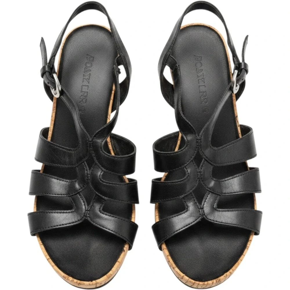 Aerosoles Black Strappy Cork Wedge Sandals Womens Size 7.5 Strappy Caged Heels